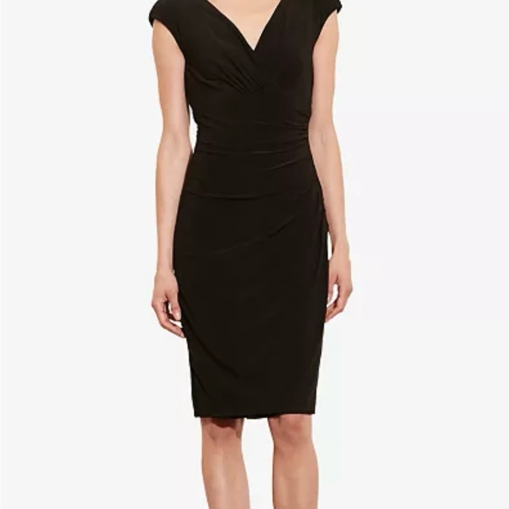 Lauren Ralph Lauren Black Ruched Midi Dress V-Neck Sleeveless Sz 4 Slimming